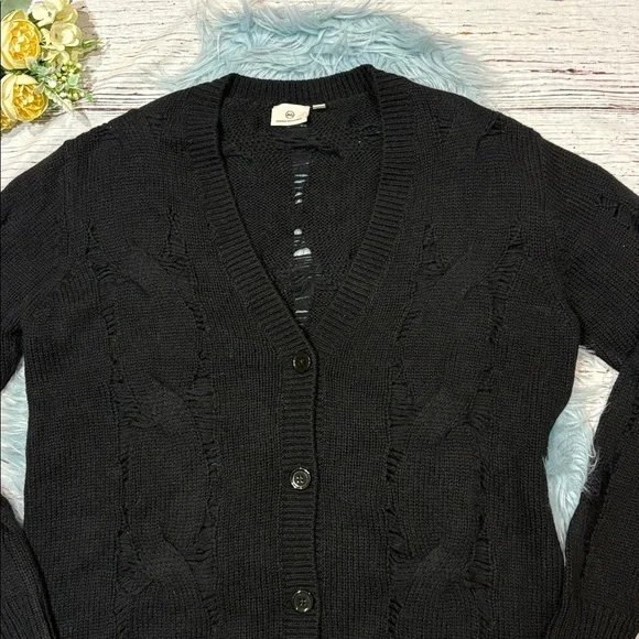NWOT AG Adriano Goldschmied Black Open Knit Cable Button Cardigan